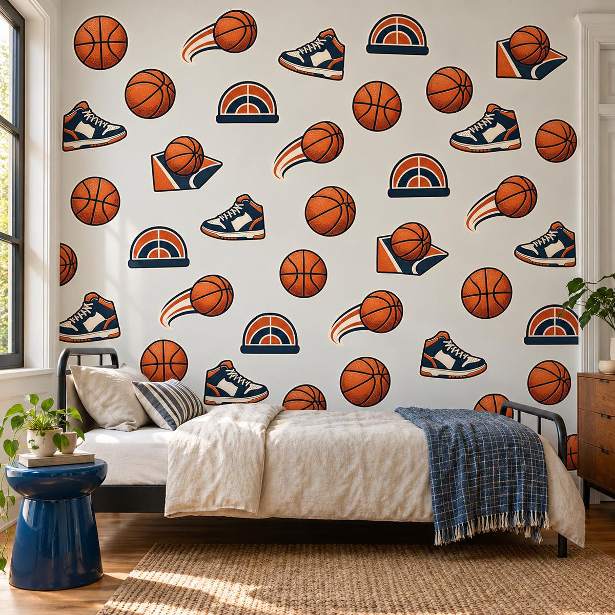 Basketball Wall Stickers, Sports Bedroom Decor, Basketball Sneaker Wall Decals, Boys Kids Room Orange Navy Peel and Stick Wall Art
