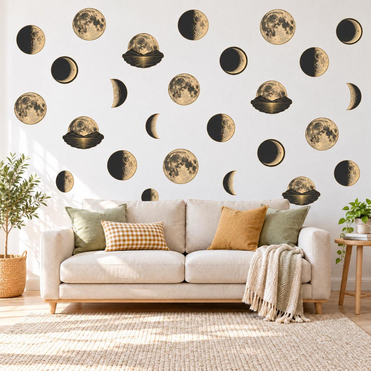 Moon Phase Wall Stickers, Celestial Nursery Decor, Vintage Moon Wall Decals, Boho Kids Room Gold Black Peel and Stick Wall Art