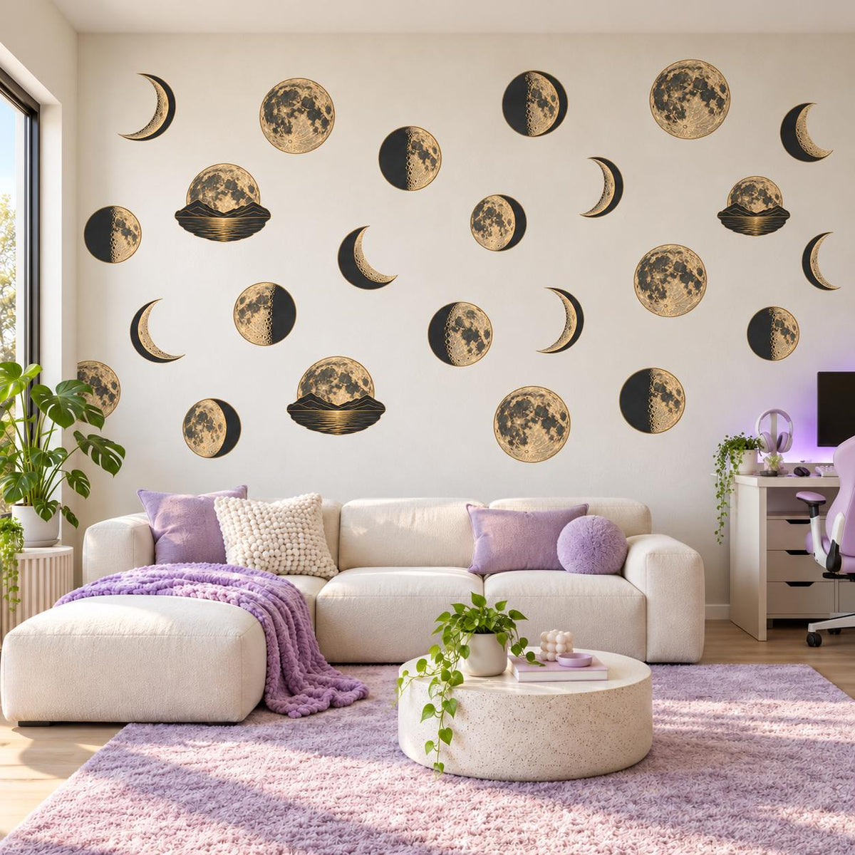 Moon Phase Wall Stickers, Celestial Nursery Decor, Vintage Moon Wall Decals, Boho Kids Room Gold Black Peel and Stick Wall Art