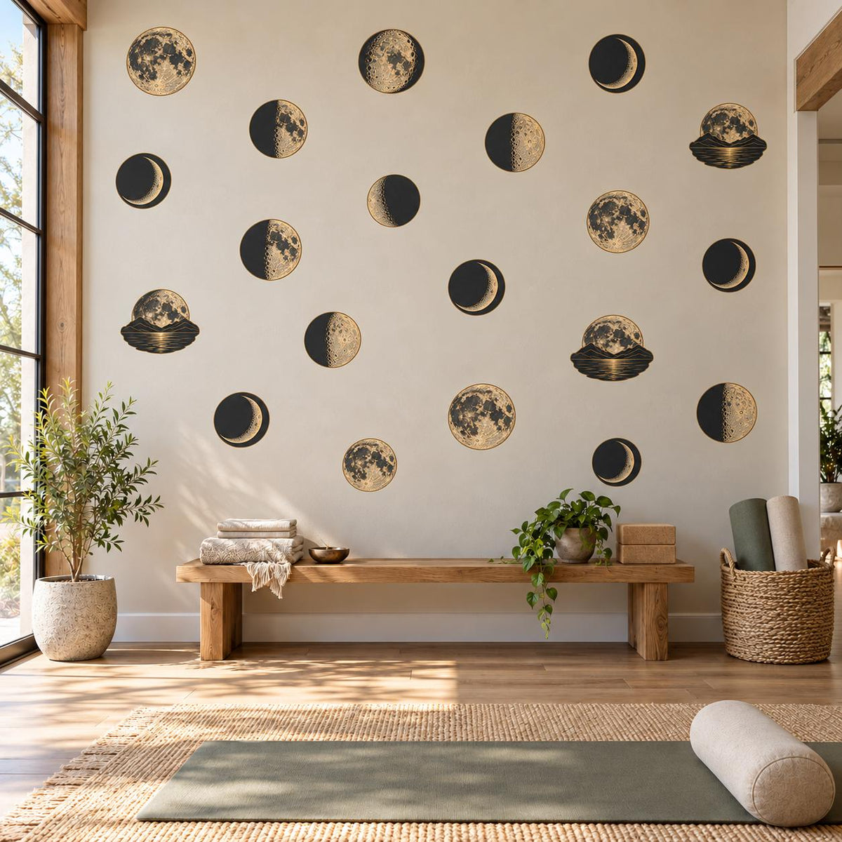 Moon Phase Wall Stickers, Celestial Nursery Decor, Vintage Moon Wall Decals, Boho Kids Room Gold Black Peel and Stick Wall Art