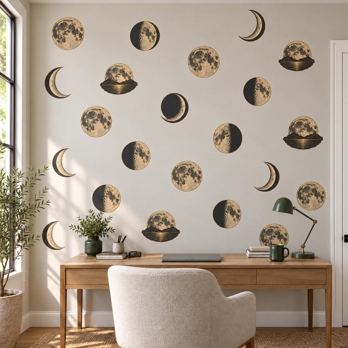 Moon Phase Wall Stickers, Celestial Nursery Decor, Vintage Moon Wall Decals, Boho Kids Room Gold Black Peel and Stick Wall Art