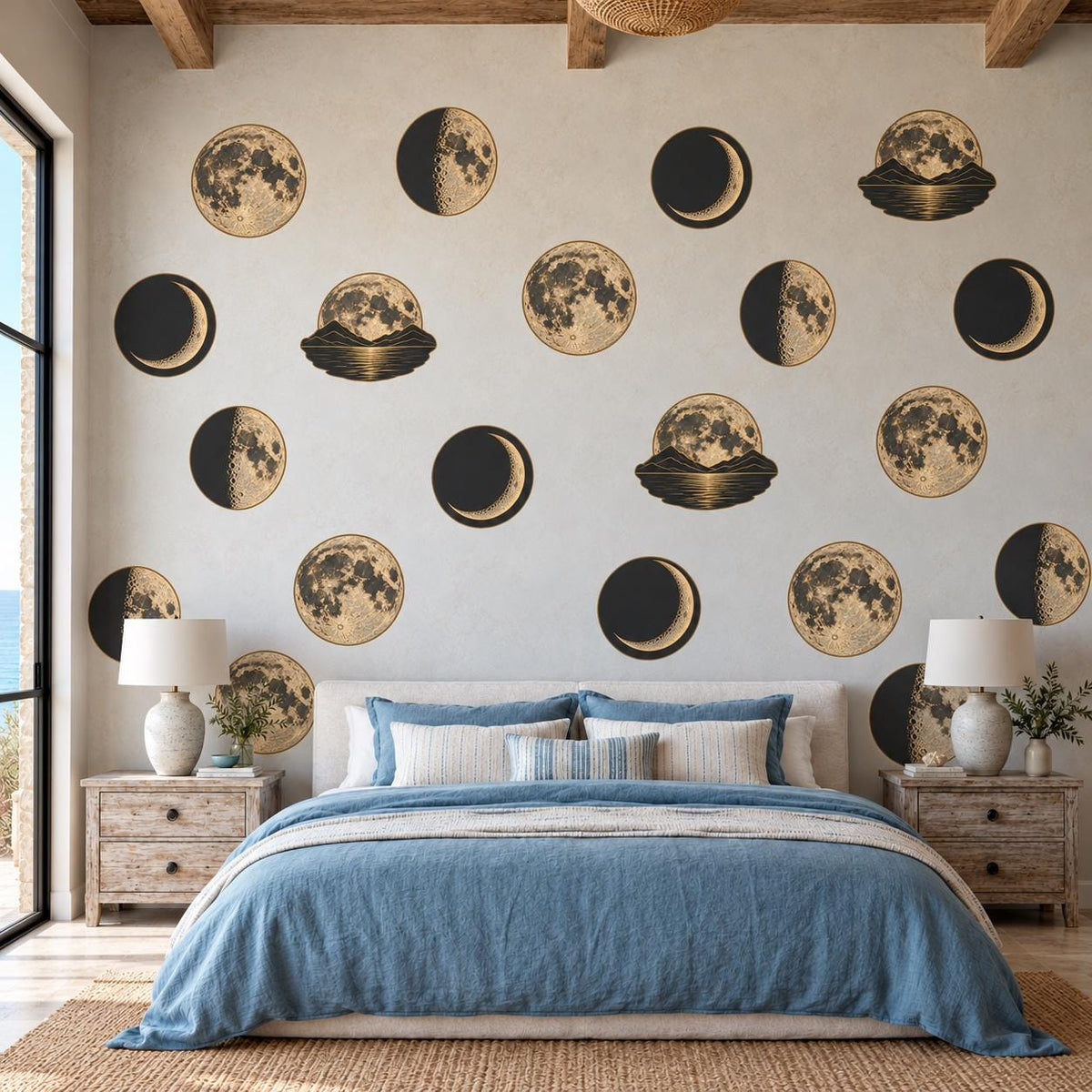 Moon Phase Wall Stickers, Celestial Nursery Decor, Vintage Moon Wall Decals, Boho Kids Room Gold Black Peel and Stick Wall Art
