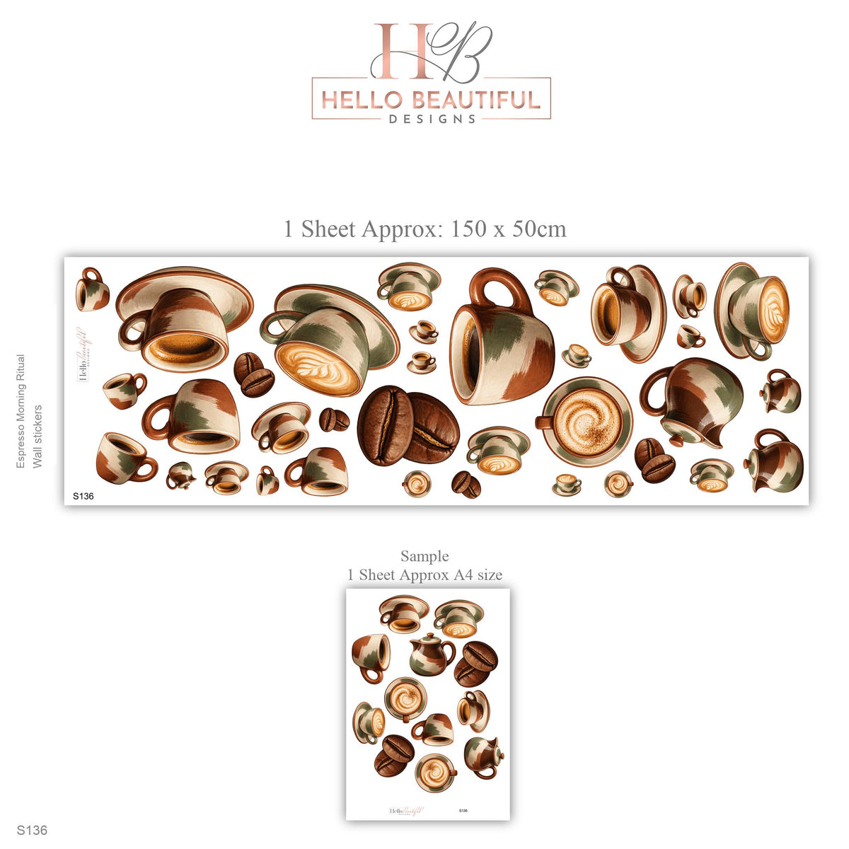 Coffee Cup Wall Stickers, Kitchen Wall Decor, Espresso Latte Wall Decals, Cafe Coffee Bean Brown Sage Peel and Stick Wall Art