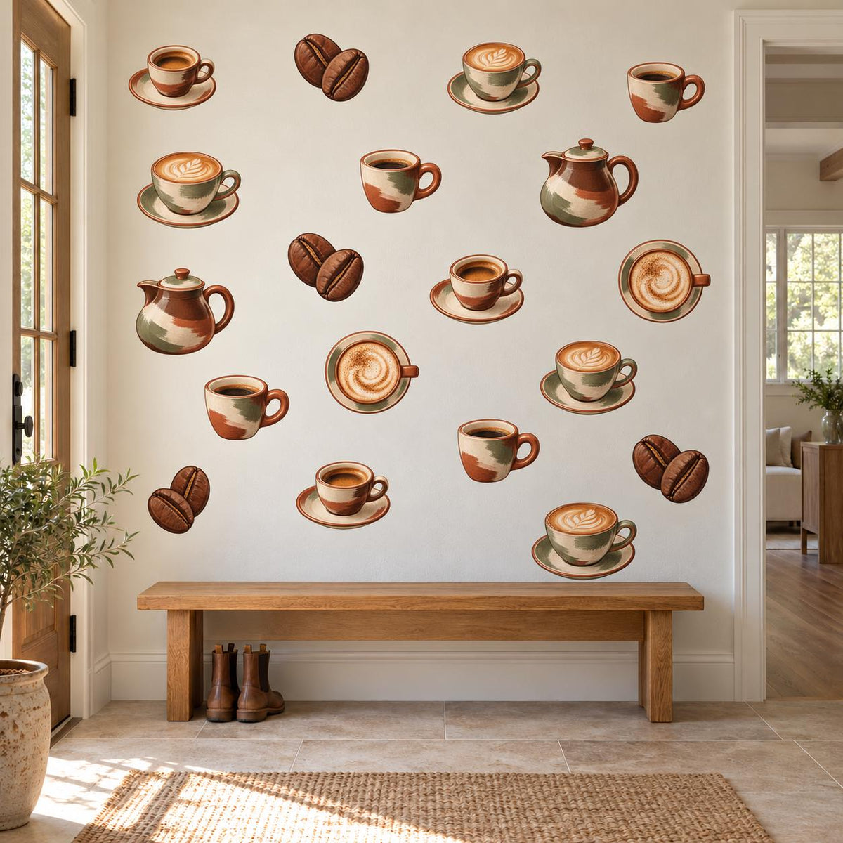 Coffee Cup Wall Stickers, Kitchen Wall Decor, Espresso Latte Wall Decals, Cafe Coffee Bean Brown Sage Peel and Stick Wall Art