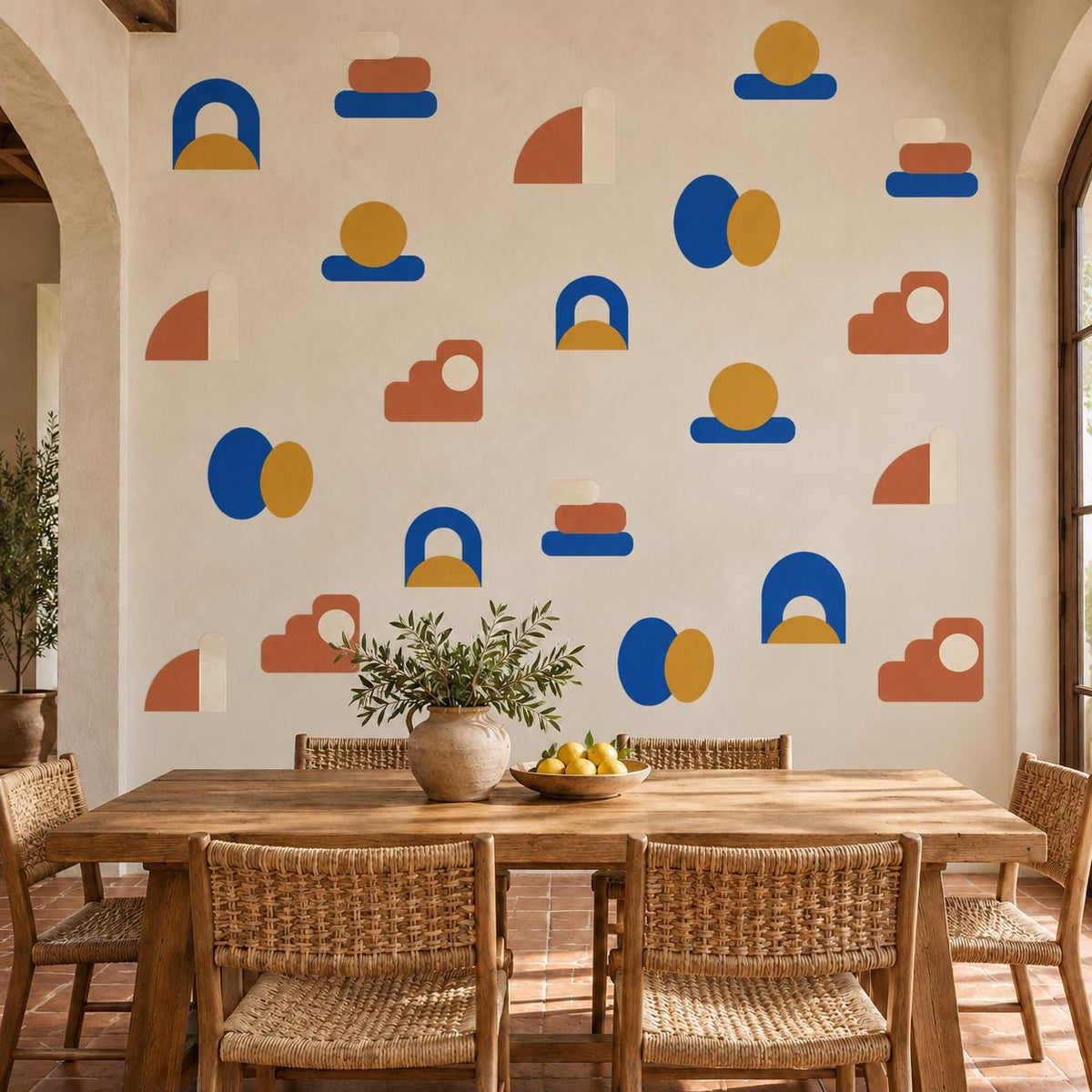 Abstract Shape Wall Stickers, Mid Century Modern Decor, Geometric Wall Decals, Kids Room Blue Mustard Terracotta Peel and Stick Wall Art