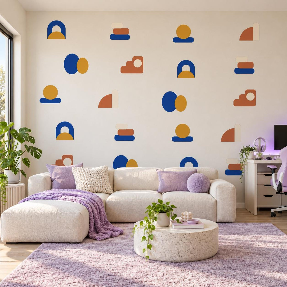 Abstract Shape Wall Stickers, Mid Century Modern Decor, Geometric Wall Decals, Kids Room Blue Mustard Terracotta Peel and Stick Wall Art