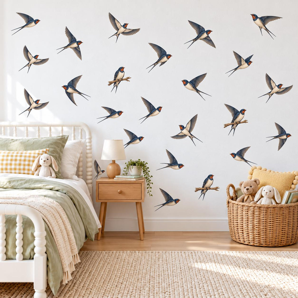 Swallow Wall Stickers, Bird Nursery Decor, Vintage Swallow Wall Decals, Woodland Kids Room Navy Rust Bird Peel and Stick Wall Art