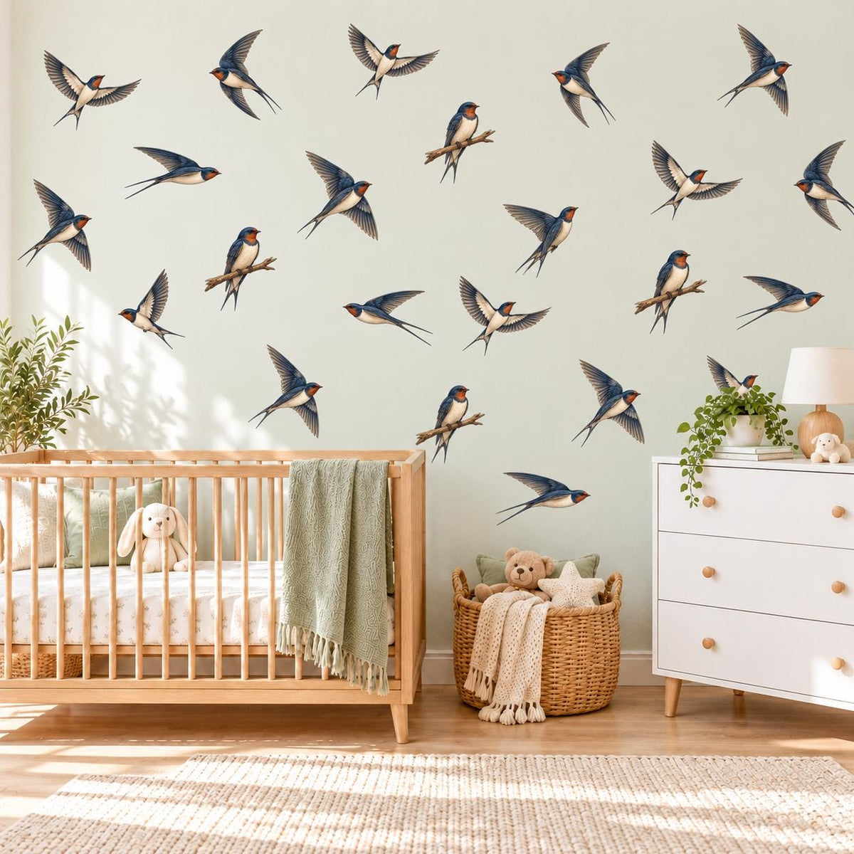 Swallow Wall Stickers, Bird Nursery Decor, Vintage Swallow Wall Decals, Woodland Kids Room Navy Rust Bird Peel and Stick Wall Art