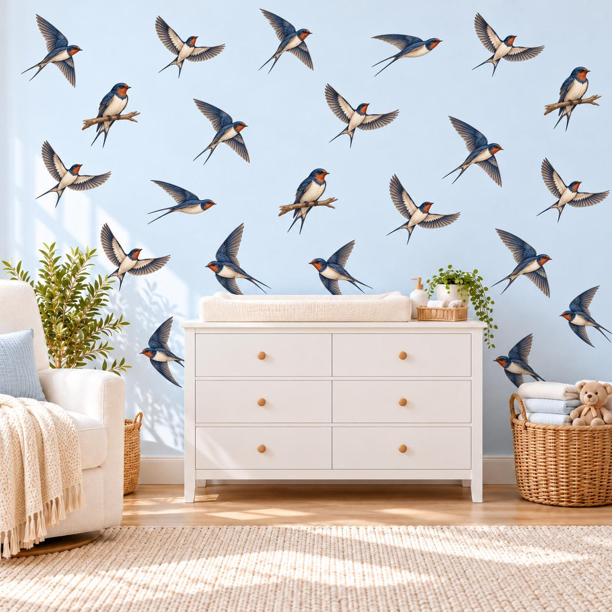 Swallow Wall Stickers, Bird Nursery Decor, Vintage Swallow Wall Decals, Woodland Kids Room Navy Rust Bird Peel and Stick Wall Art