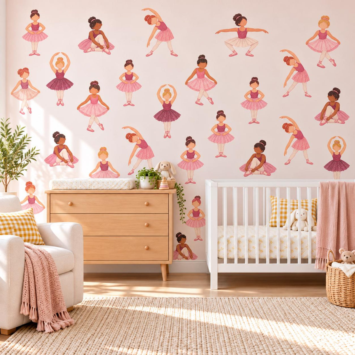 Ballerina Wall Stickers, Ballet Nursery Decor, Dancer Wall Decals, Girls Bedroom Pink Tutu Diverse Ballerina Peel and Stick Wall Art