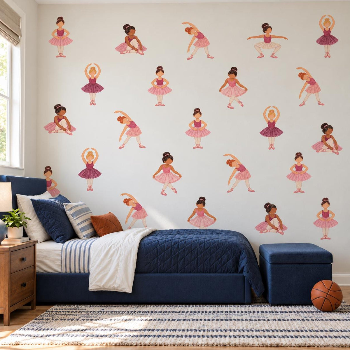 Ballerina Wall Stickers, Ballet Nursery Decor, Dancer Wall Decals, Girls Bedroom Pink Tutu Diverse Ballerina Peel and Stick Wall Art