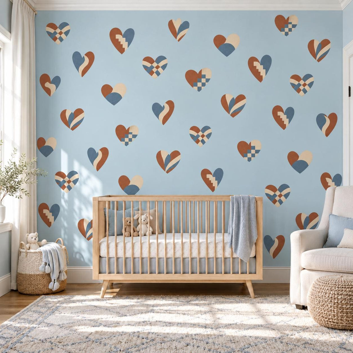 Heart Wall Stickers, Boho Heart Nursery Decor, Woven Folk Heart Wall Decals, Kids Room Dusty Blue Rust Peel and Stick Wall Art