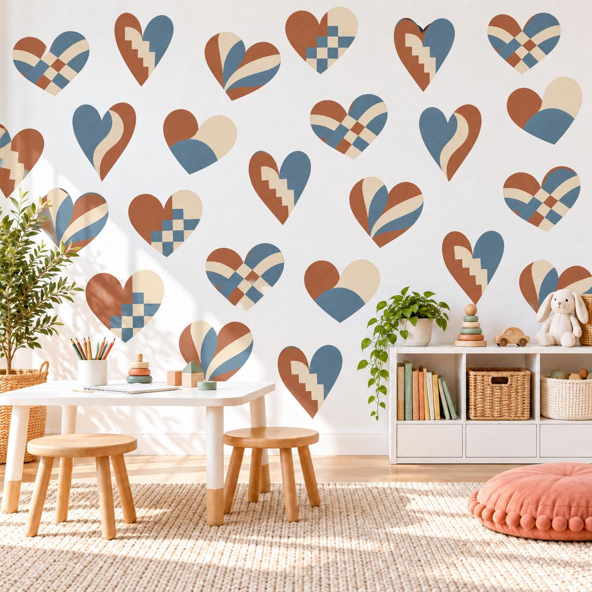 Heart Wall Stickers, Boho Heart Nursery Decor, Woven Folk Heart Wall Decals, Kids Room Dusty Blue Rust Peel and Stick Wall Art