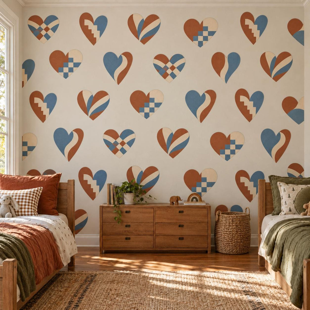 Heart Wall Stickers, Boho Heart Nursery Decor, Woven Folk Heart Wall Decals, Kids Room Dusty Blue Rust Peel and Stick Wall Art