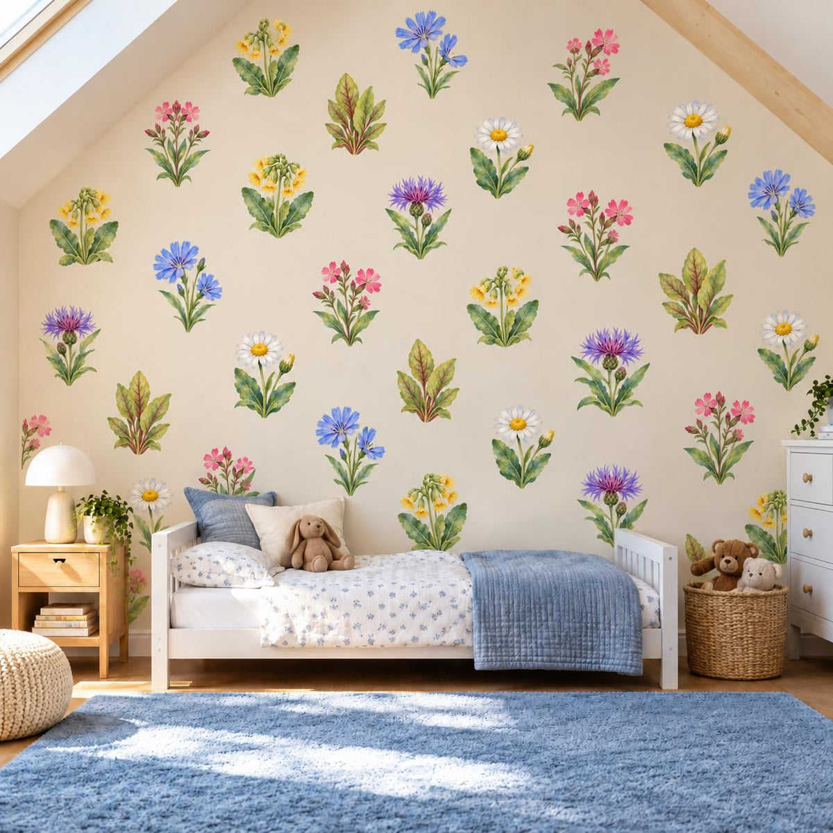 Wildflower Wall Stickers, Floral Nursery Decor, Cowslip Cornflower Wall Decals, Girls Kids Room Watercolour Flower Peel and Stick Wall Art