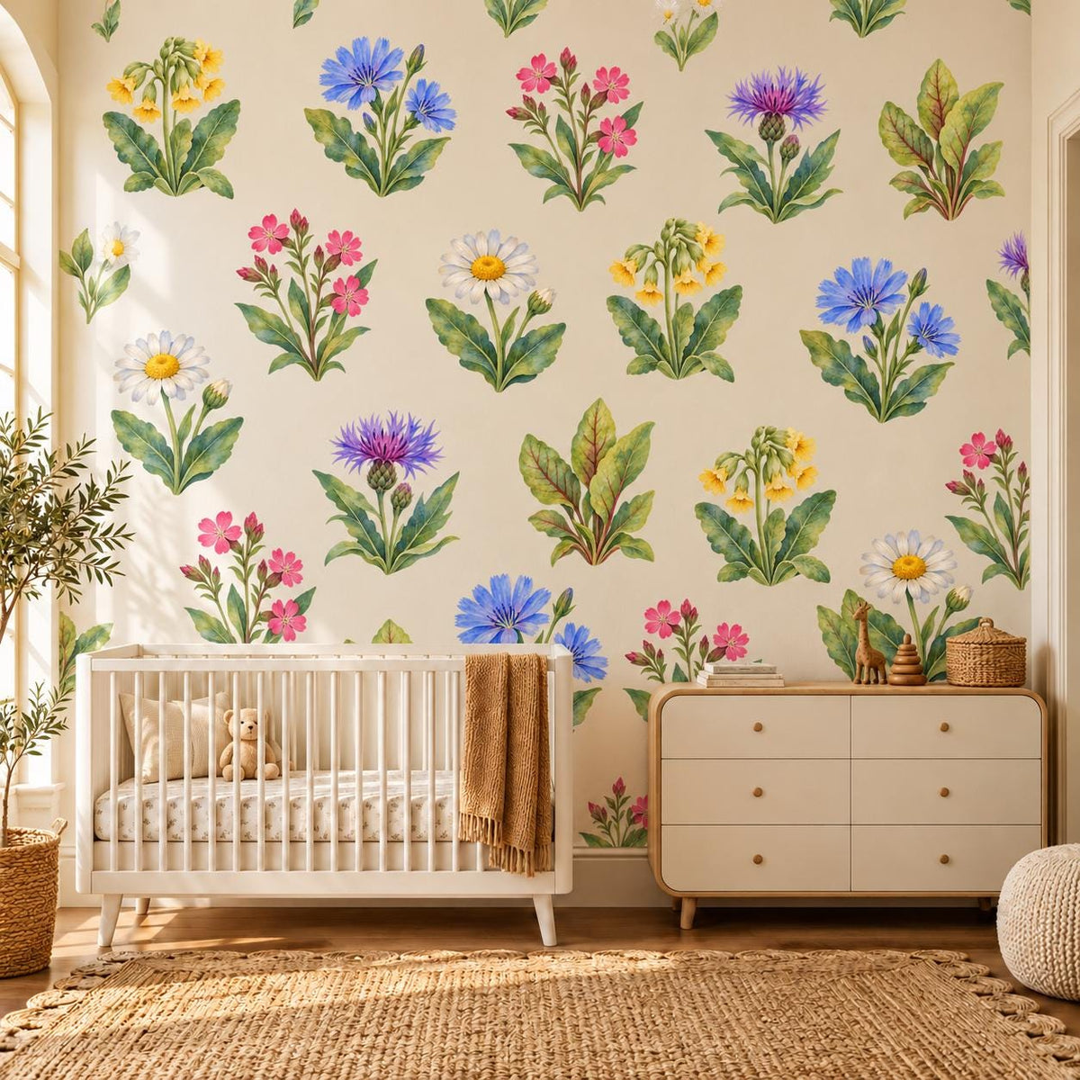 Wildflower Wall Stickers, Floral Nursery Decor, Cowslip Cornflower Wall Decals, Girls Kids Room Watercolour Flower Peel and Stick Wall Art