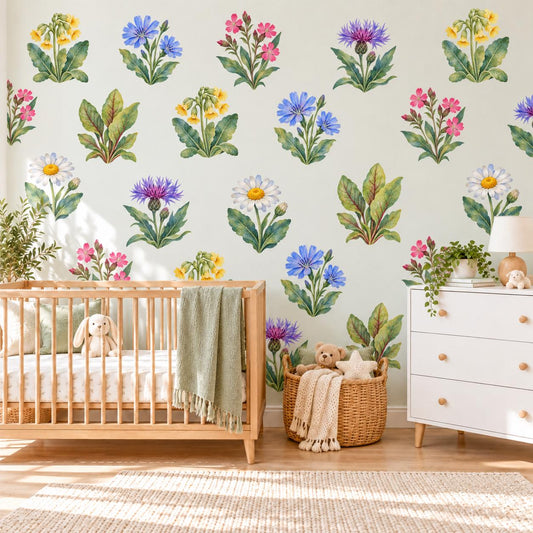 Wildflower Wall Stickers, Floral Nursery Decor, Cowslip Cornflower Wall Decals, Girls Kids Room Watercolour Flower Peel and Stick Wall Art
