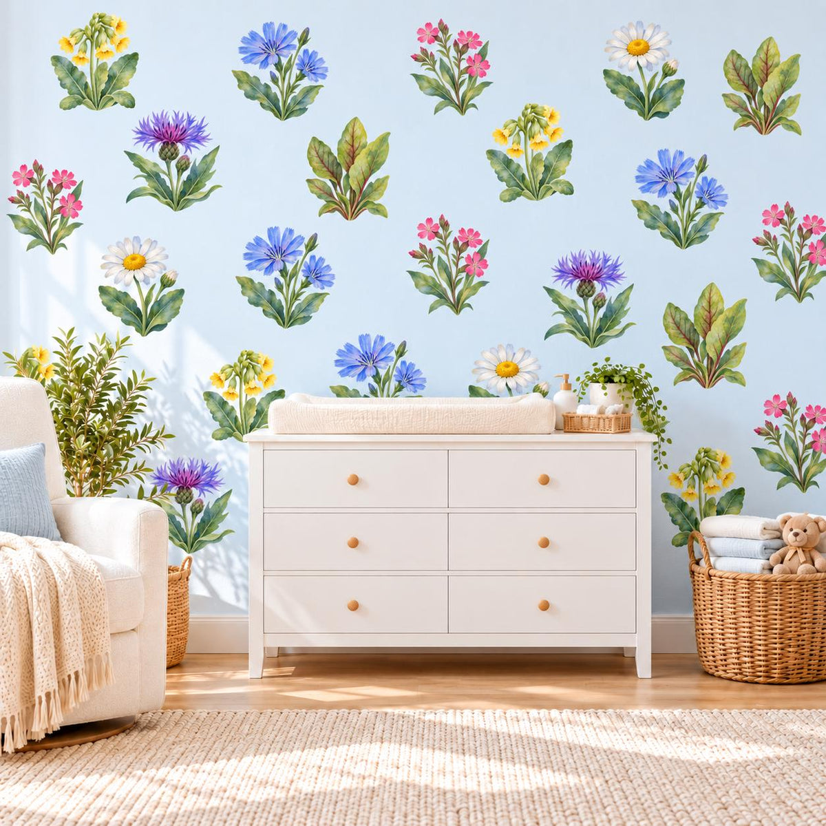Wildflower Wall Stickers, Floral Nursery Decor, Cowslip Cornflower Wall Decals, Girls Kids Room Watercolour Flower Peel and Stick Wall Art