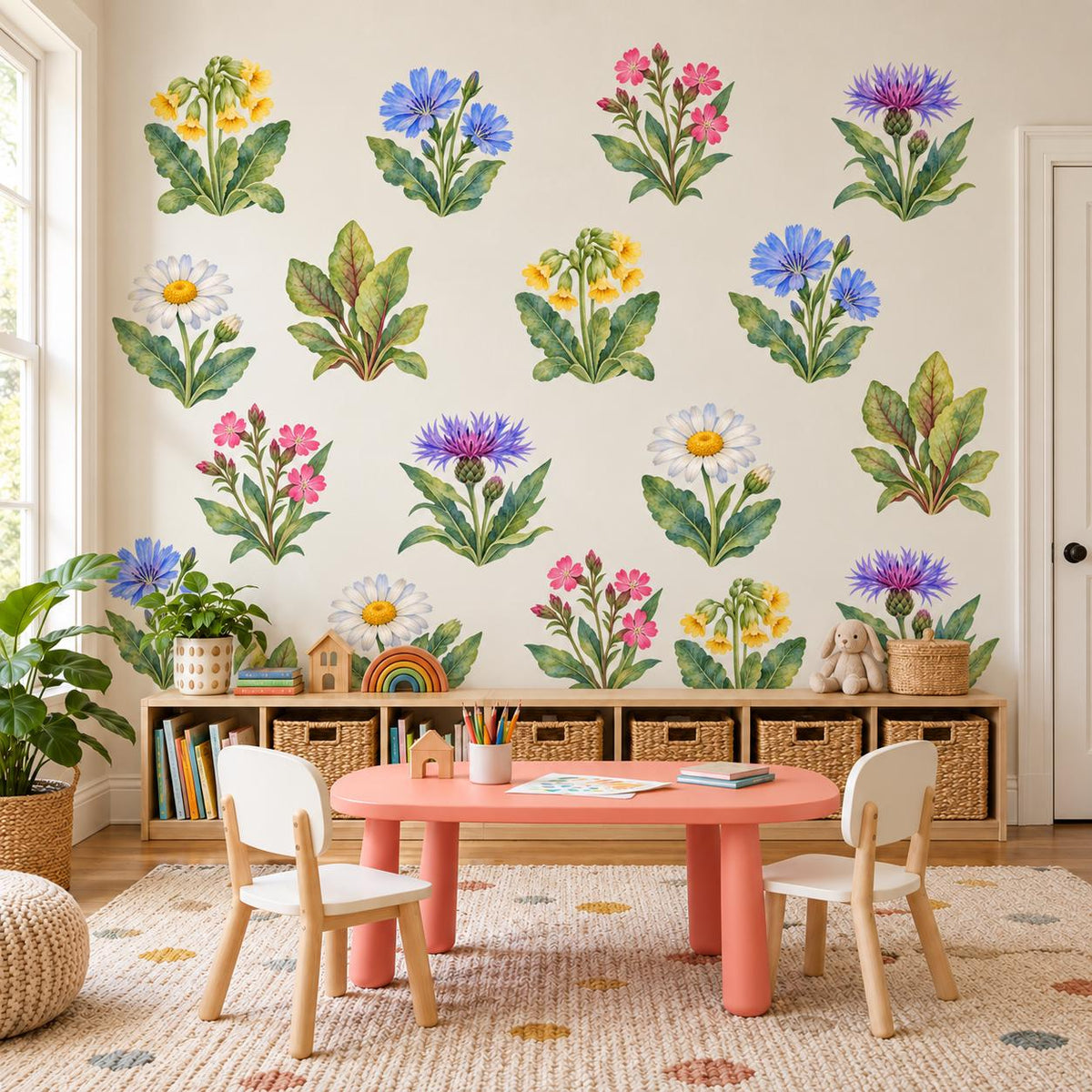 Wildflower Wall Stickers, Floral Nursery Decor, Cowslip Cornflower Wall Decals, Girls Kids Room Watercolour Flower Peel and Stick Wall Art