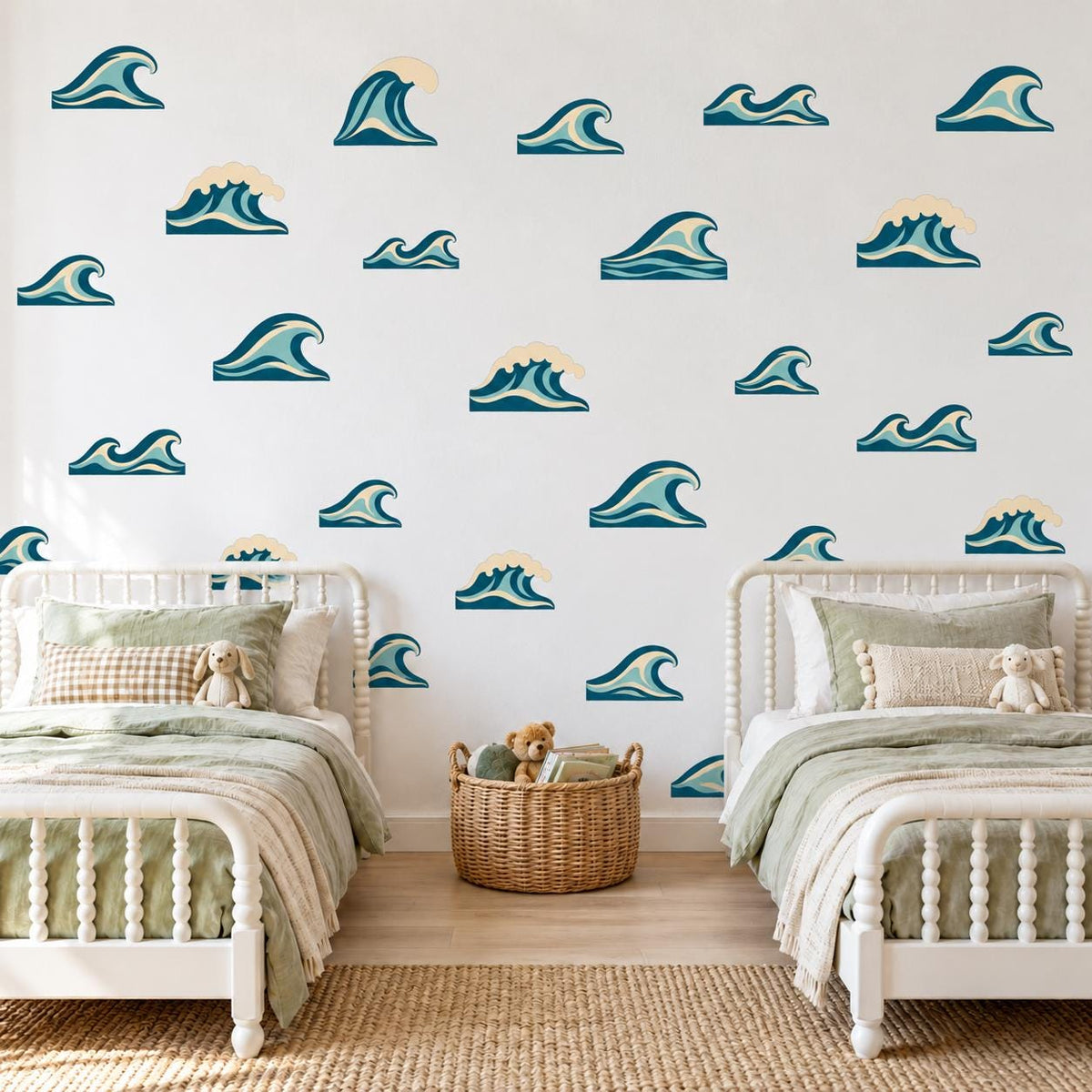 Ocean Wave Wall Stickers, Surf Nursery Decor, Retro Wave Wall Decals, Coastal Kids Room Teal Navy Peel and Stick Wall Art