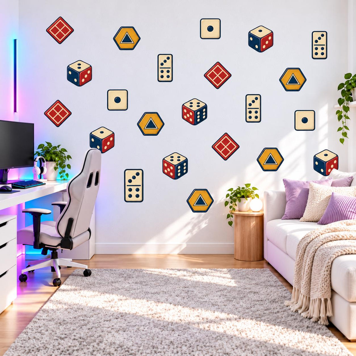 Dice Wall Stickers, Board Game Room Decor, Retro Dice Domino Wall Decals, Gamer Teen Kids Room Red Navy Mustard Peel and Stick Wall Art