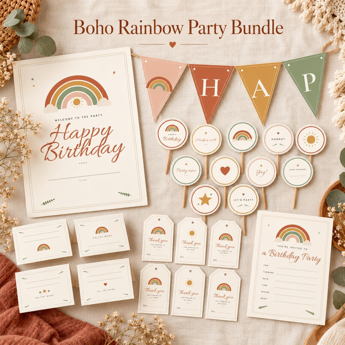 Boho Rainbow Birthday Party Printables, Happy Birthday Banner, Welcome Sign, Cupcake Toppers, Invitation, Neutral Party Decor