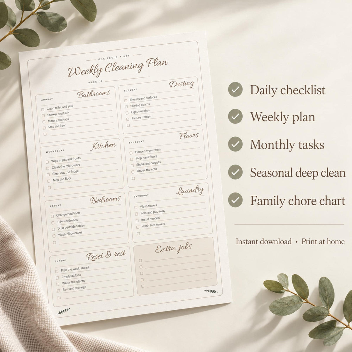 Cleaning Schedule Printable, Minimalist Weekly Cleaning Checklist, Daily Monthly Deep Clean, Family Chore Chart, A4 US Letter PDF