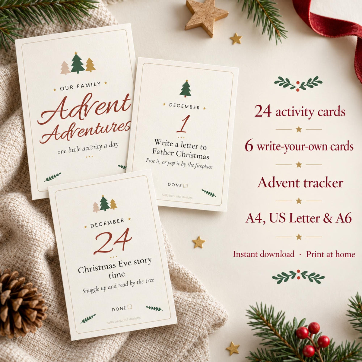 Christmas Advent Activity Cards Printable, Boho Family Advent Calendar, 24 Activity Ideas, Countdown Tracker, A4 Letter A6 PDF