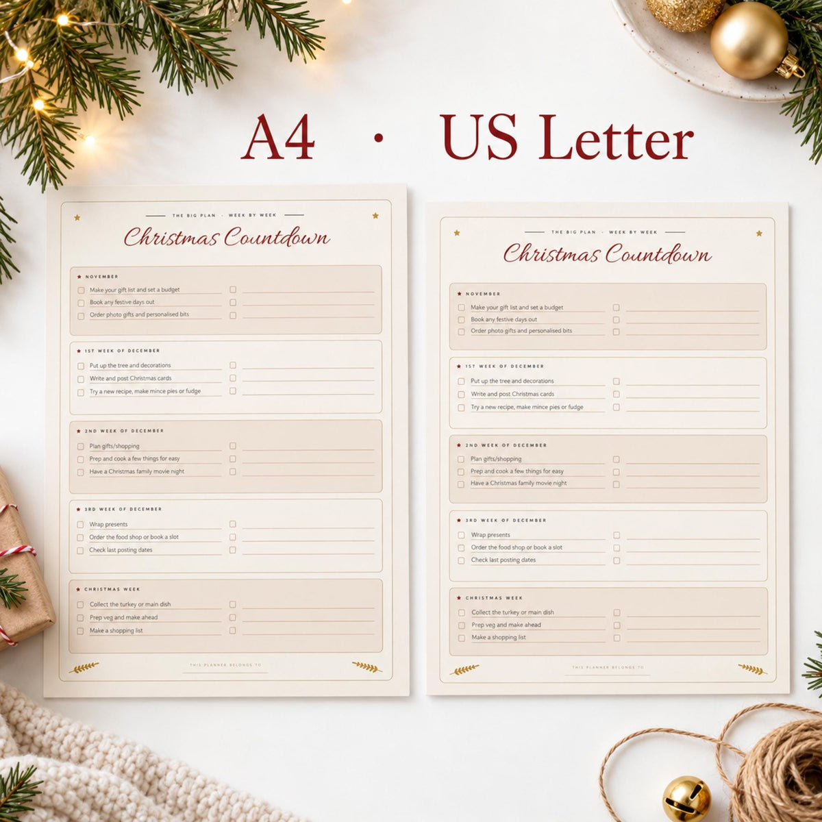 Christmas Planner Printable, Boho Holiday Organiser, Gift List, Budget, Menu & Cooking Timeline, Card List, Kids Wish List, A4 Letter