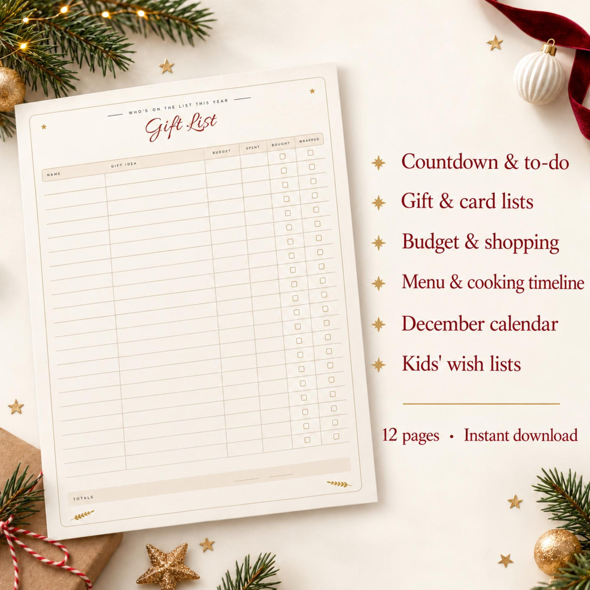 Christmas Planner Printable, Boho Holiday Organiser, Gift List, Budget, Menu & Cooking Timeline, Card List, Kids Wish List, A4 Letter