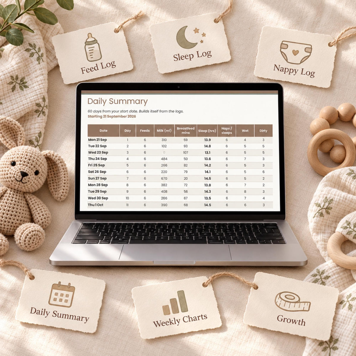 Baby Sleep and Feed Tracker Spreadsheet, Newborn Feeding Log, Nappy and Sleep Log, Breastfeeding Tracker for Google Sheets & Excel