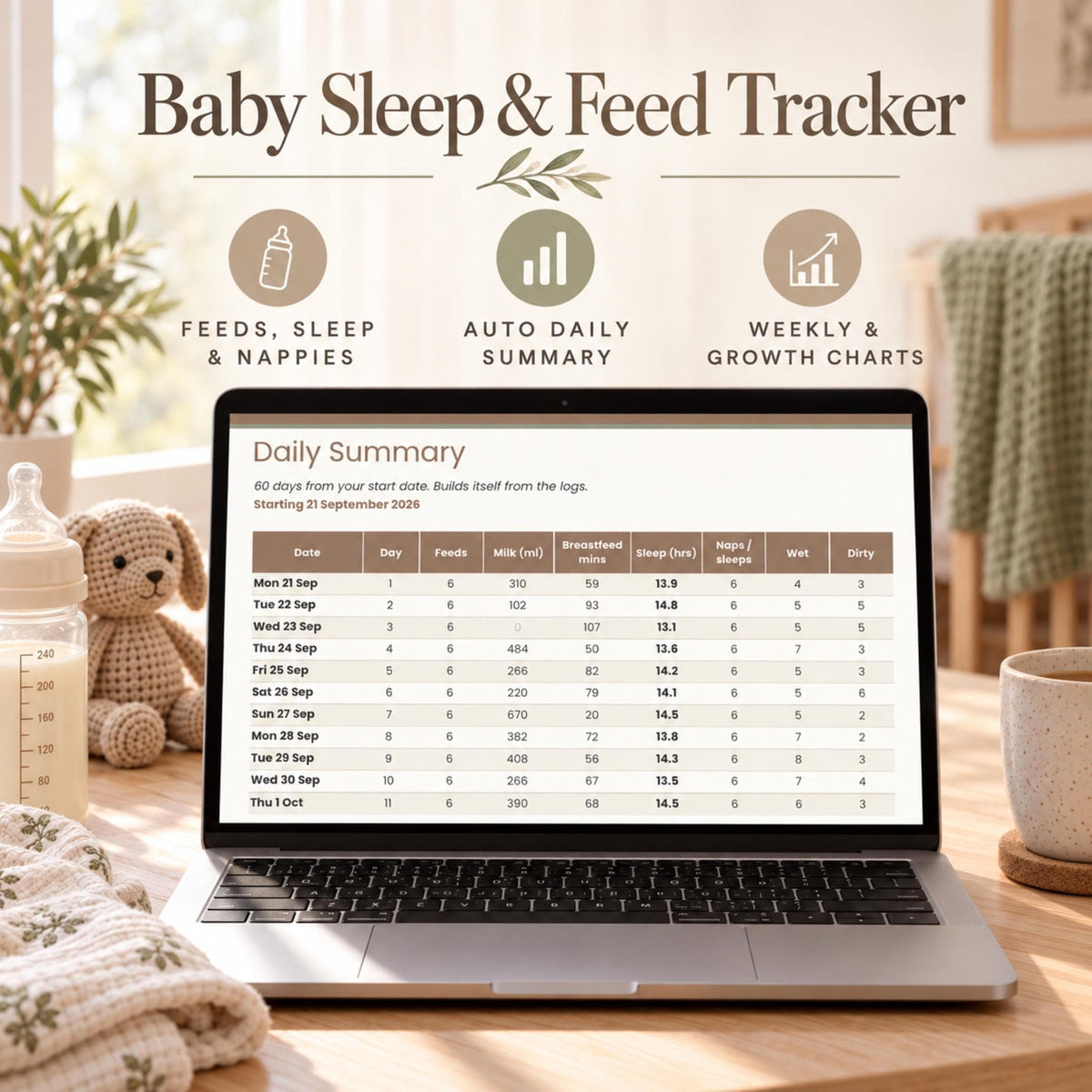 Baby Sleep and Feed Tracker Spreadsheet, Newborn Feeding Log, Nappy and Sleep Log, Breastfeeding Tracker for Google Sheets & Excel