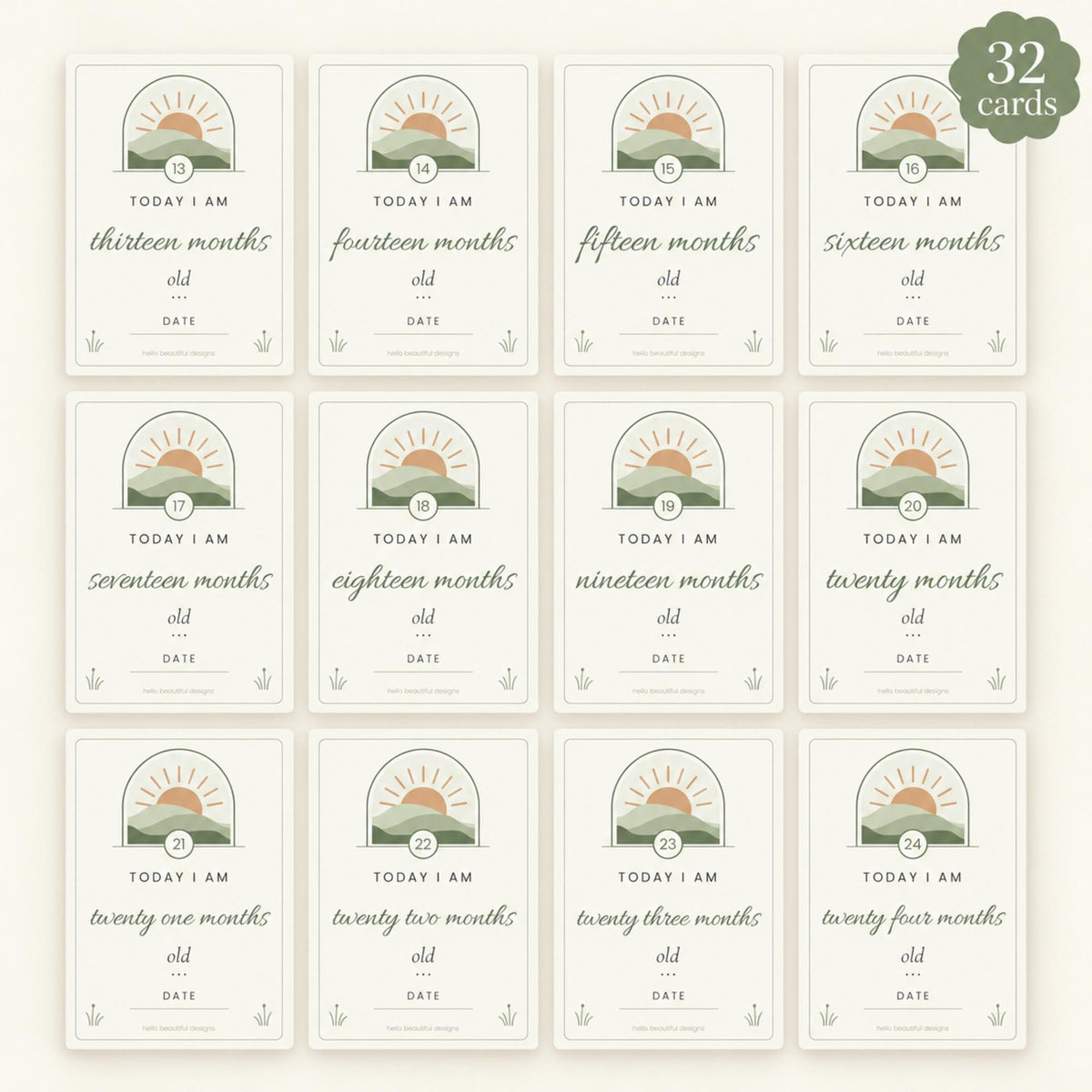 Toddler Milestone Cards Printable, 13 Months to 3 Years Photo Cards, Toddler Firsts, Sage Boho Milestone Cards, First Birthday Gift