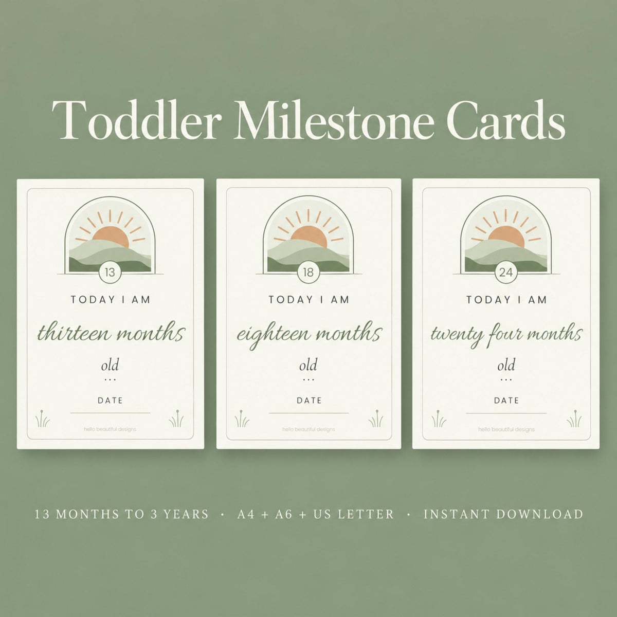 Toddler Milestone Cards Printable, 13 Months to 3 Years Photo Cards, Toddler Firsts, Sage Boho Milestone Cards, First Birthday Gift