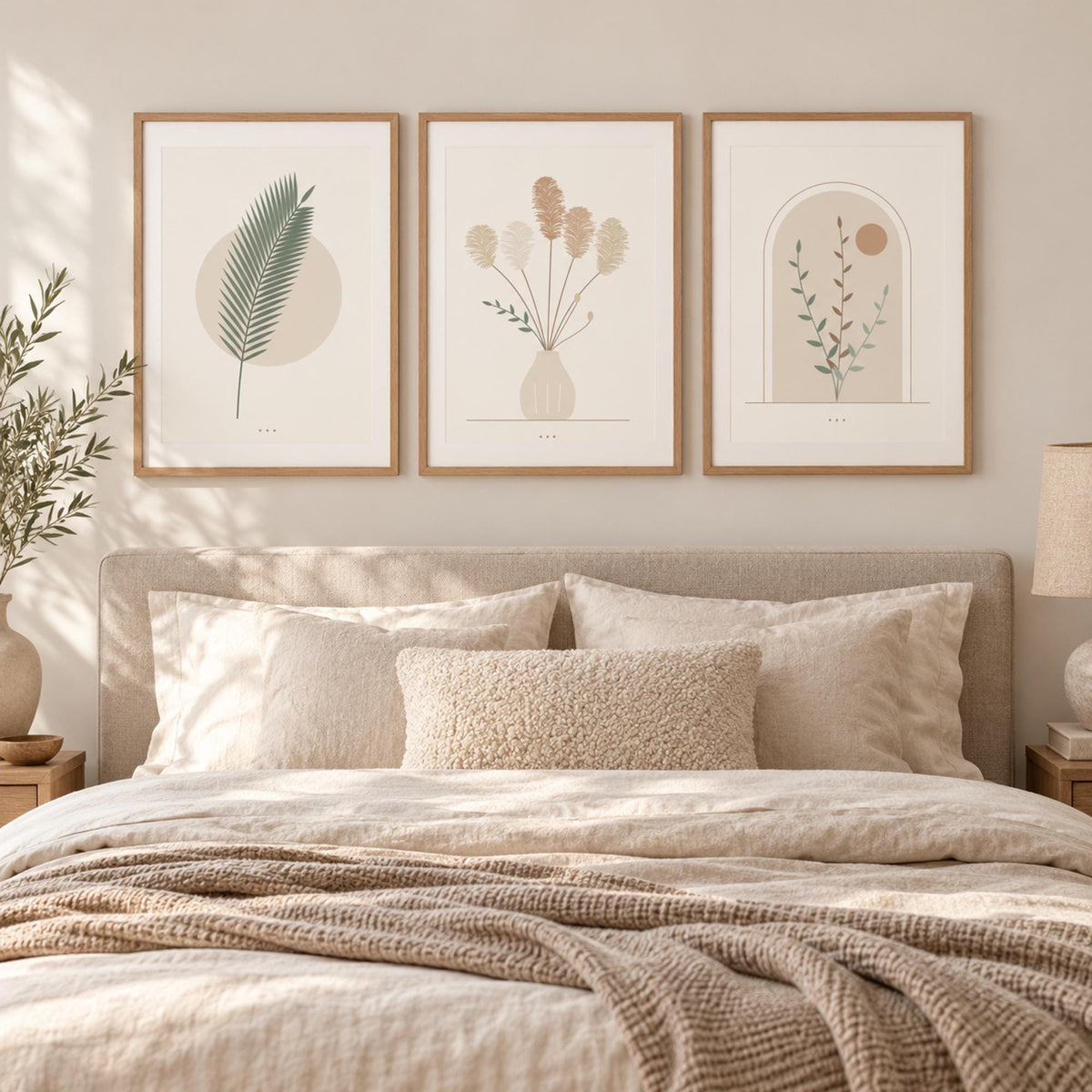 Boho Botanical Nursery Prints Set of 3, Pampas Grass Palm Leaf Arch Wall Art, Neutral Minimalist Printable Wall Art, Beige Nursery Decor