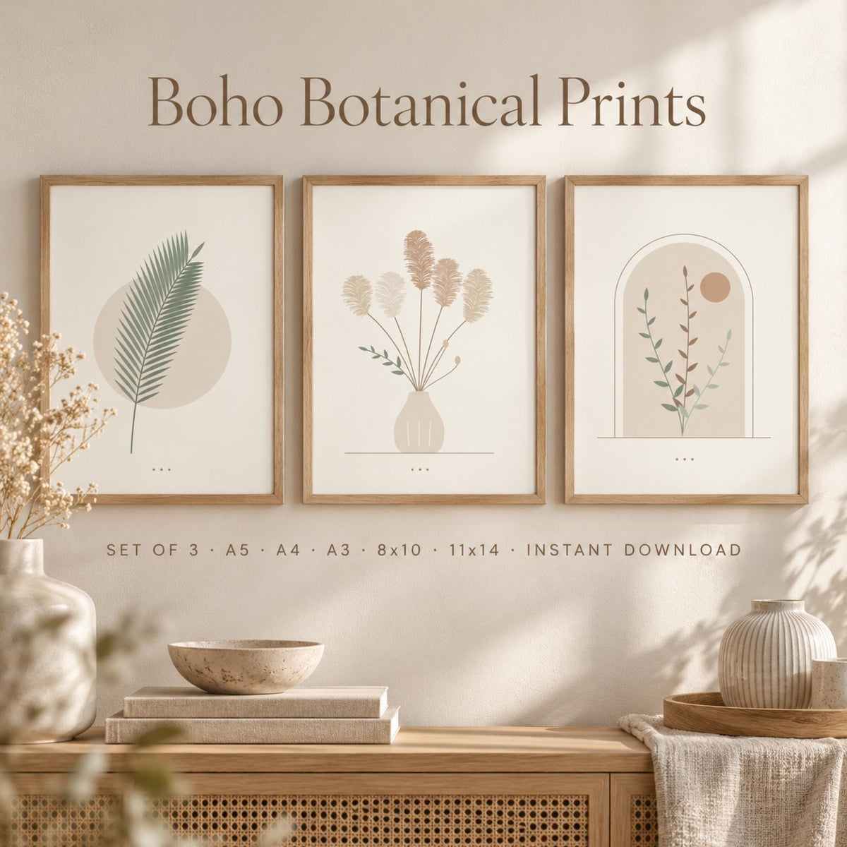 Boho Botanical Nursery Prints Set of 3, Pampas Grass Palm Leaf Arch Wall Art, Neutral Minimalist Printable Wall Art, Beige Nursery Decor