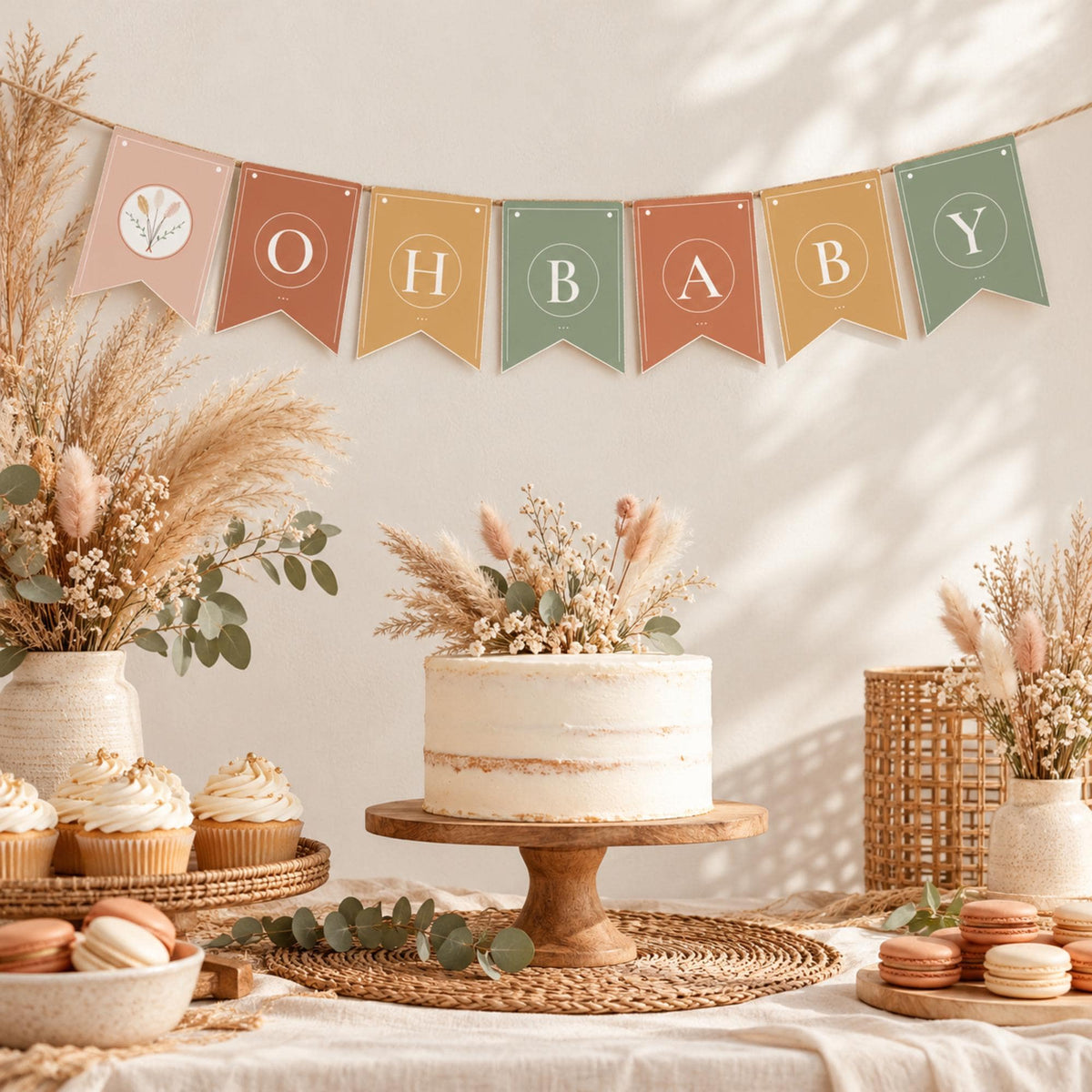 Boho Baby Shower Decorations Printable, Oh Baby Banner, Welcome Sign, Invitation, Tent Cards, Favour Tags, Terracotta Pampas Decor