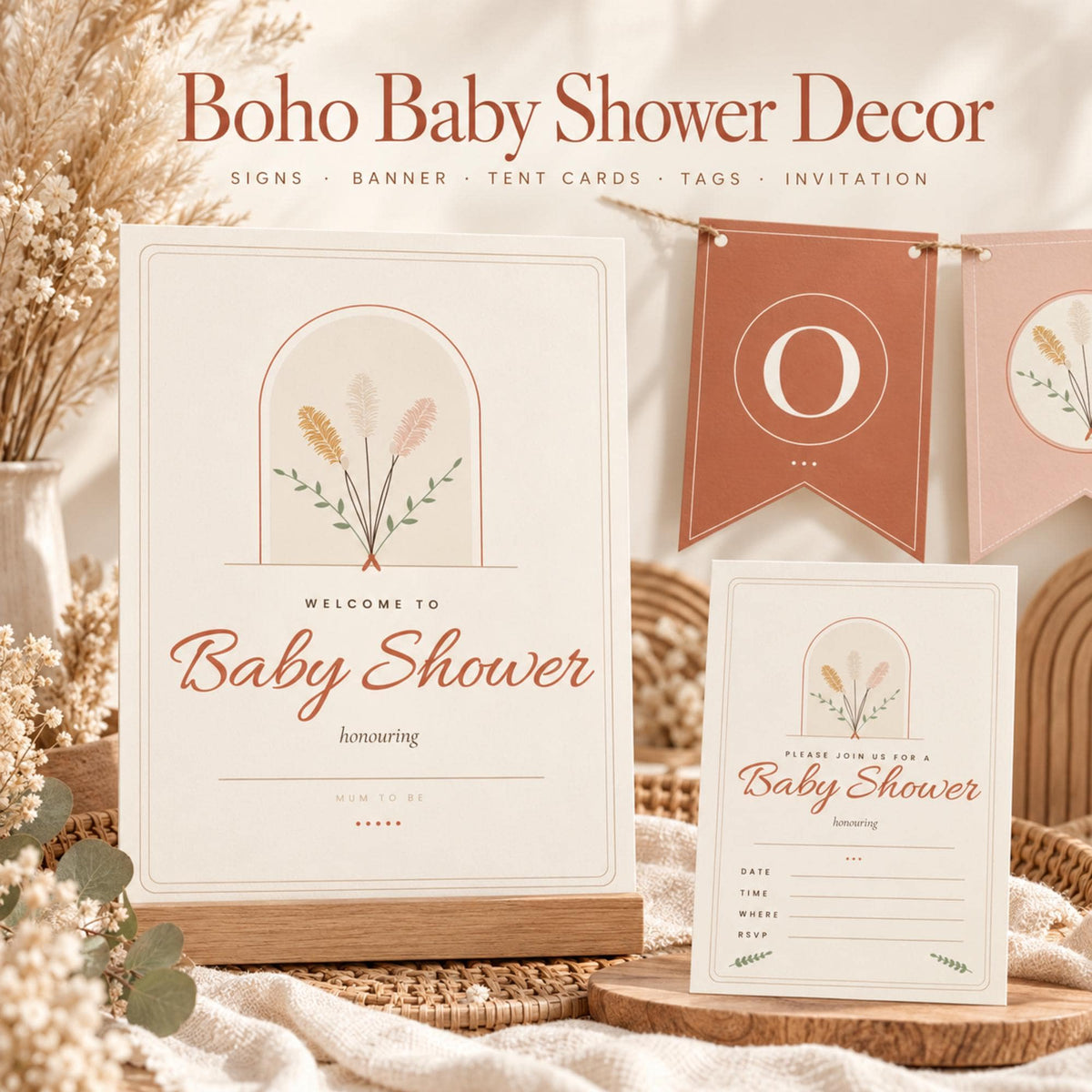 Boho Baby Shower Decorations Printable, Oh Baby Banner, Welcome Sign, Invitation, Tent Cards, Favour Tags, Terracotta Pampas Decor