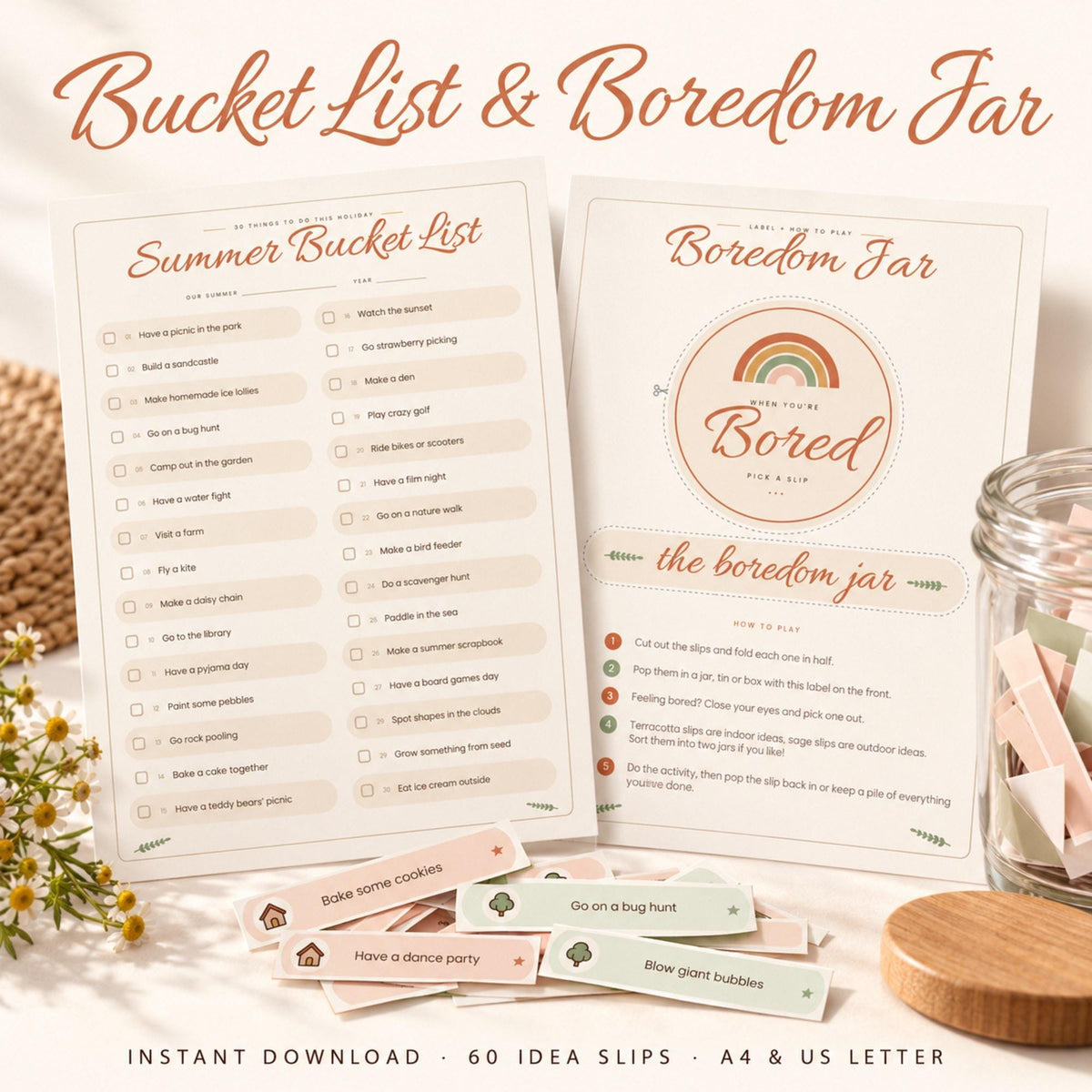 Summer Bucket List for Kids Printable, Boredom Jar Ideas, 60 Activity Slips, School Holiday Activities, Rainy Day Ideas, A4 & Letter