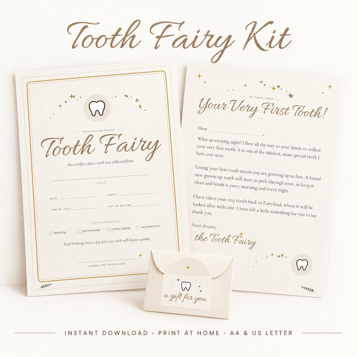 Tooth Fairy Kit Printable, Tooth Fairy Letter and Certificate, Tiny Tooth Envelope, Lost Tooth Chart, Tooth Fairy Receipt, A4 Letter