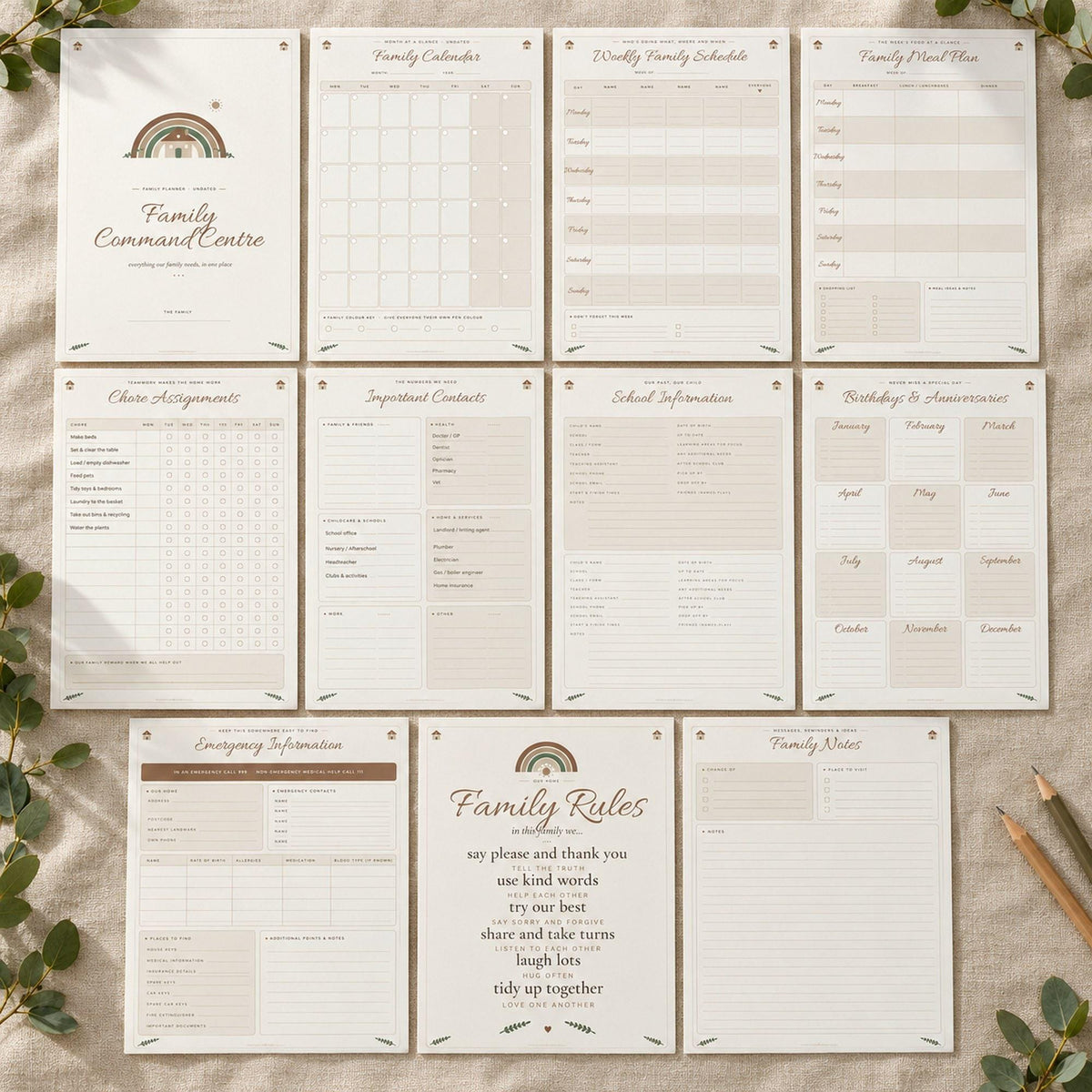 Family Command Centre Printable, Family Planner Binder, Undated Calendar, Weekly Schedule, Chore Chart, Meal Plan, Emergency Info, A4 Letter