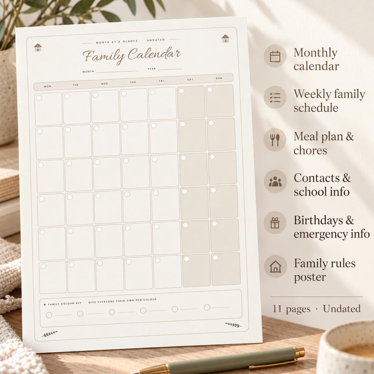 Family Command Centre Printable, Family Planner Binder, Undated Calendar, Weekly Schedule, Chore Chart, Meal Plan, Emergency Info, A4 Letter