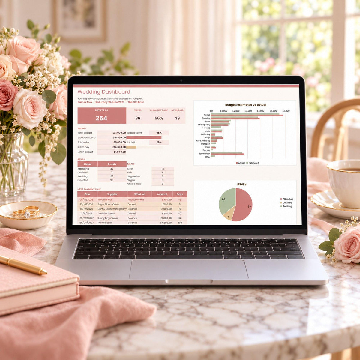 Wedding Planner Spreadsheet and Budget Tracker, Guest List and RSVP Tracker, Wedding Checklist, Payment Schedule, Google Sheets & Excel