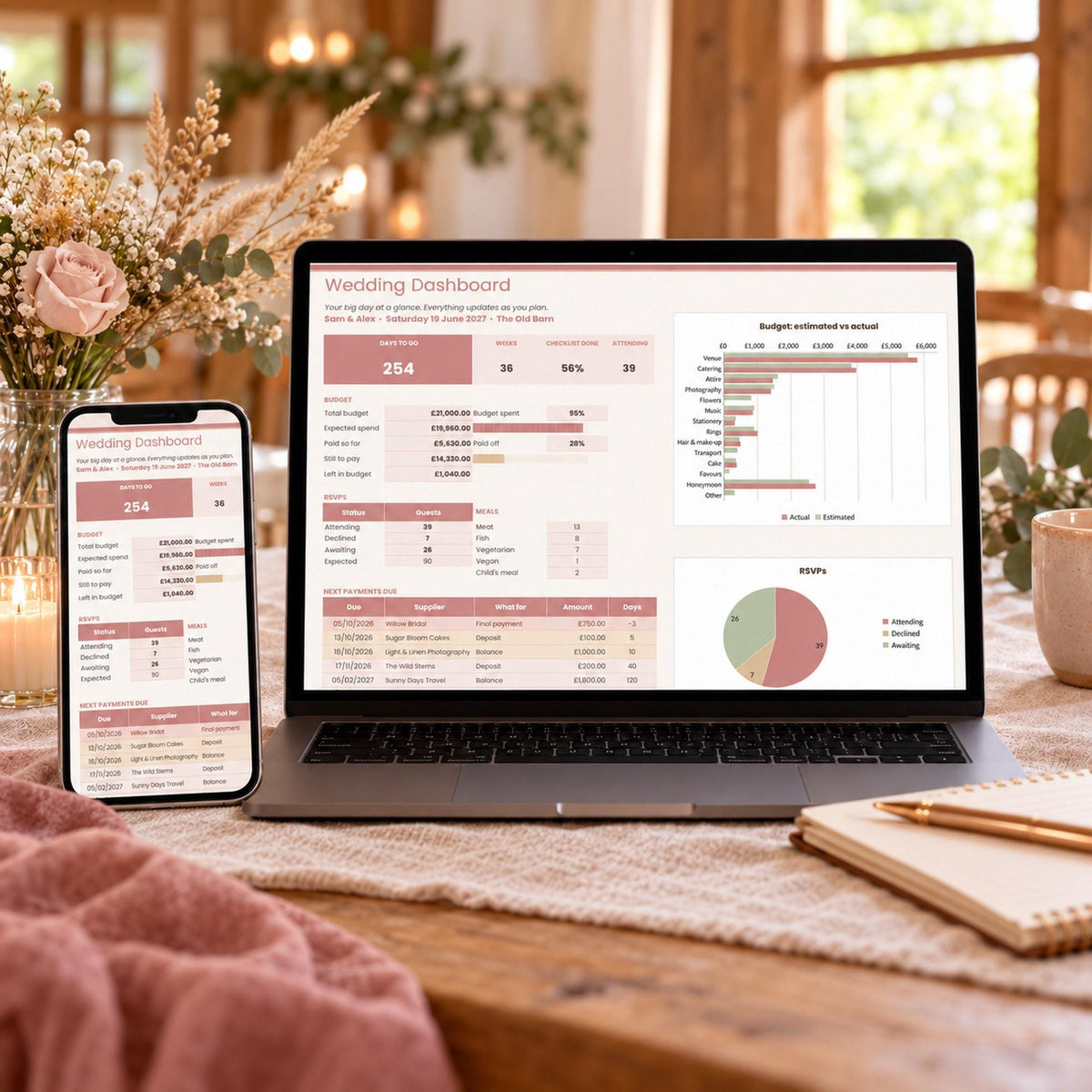 Wedding Planner Spreadsheet and Budget Tracker, Guest List and RSVP Tracker, Wedding Checklist, Payment Schedule, Google Sheets & Excel
