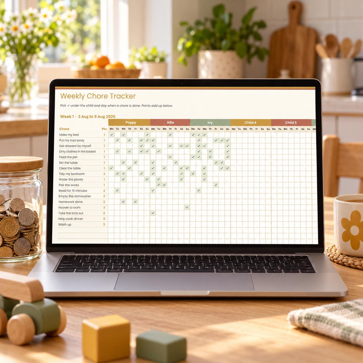 Family Chore and Pocket Money Tracker Spreadsheet, Kids Chore Chart with Points, Allowance Tracker for Google Sheets & Excel