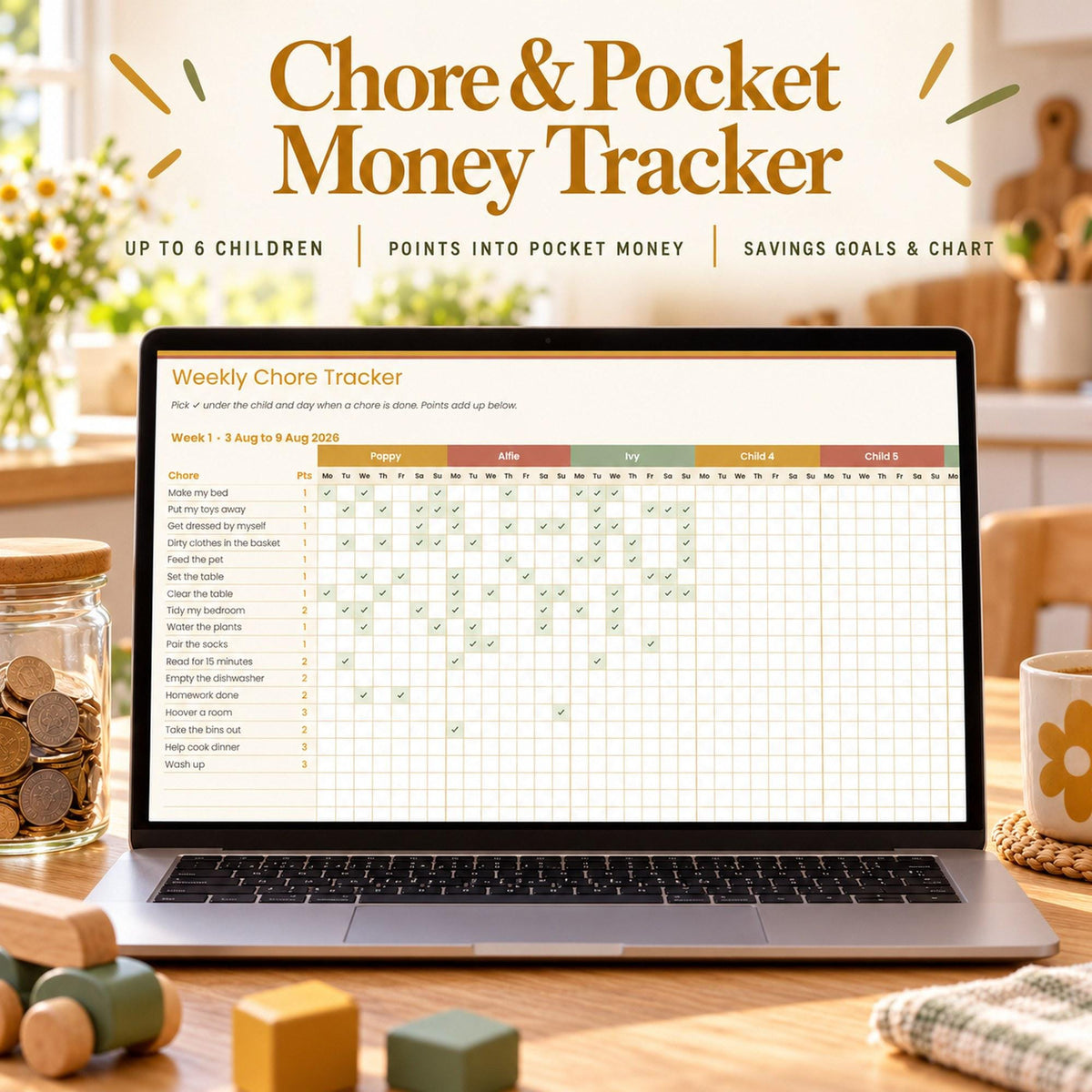 Family Chore and Pocket Money Tracker Spreadsheet, Kids Chore Chart with Points, Allowance Tracker for Google Sheets & Excel