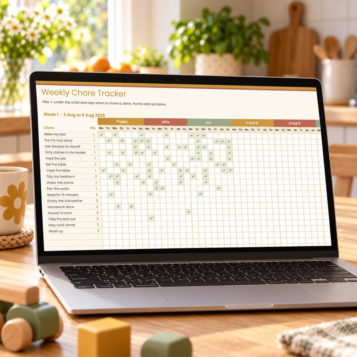 Family Chore and Pocket Money Tracker Spreadsheet, Kids Chore Chart with Points, Allowance Tracker for Google Sheets & Excel
