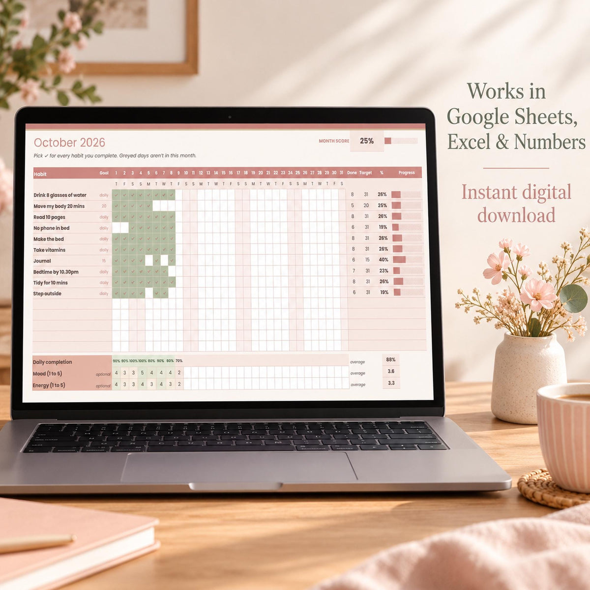 Habit Tracker Spreadsheet for Google Sheets & Excel, Monthly Routine Tracker, Daily Habit Checklist, Mood Tracker, Self Care Planner 2027