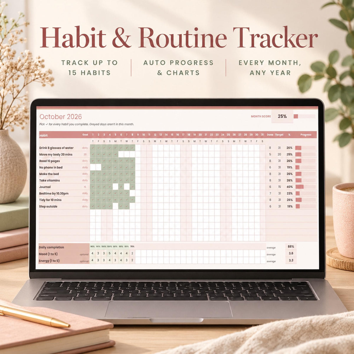 Habit Tracker Spreadsheet for Google Sheets & Excel, Monthly Routine Tracker, Daily Habit Checklist, Mood Tracker, Self Care Planner 2027