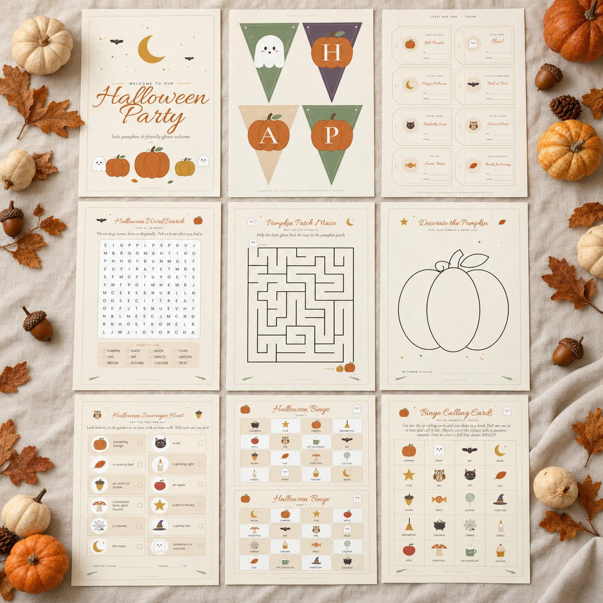 Halloween Kids Party Printables, Cute Halloween Activity Pack, Bingo, Word Search, Maze, Bunting, Treat Bag Tags, Boho Pumpkin, A4 Letter